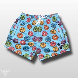5-Inch Inseam Gym Shorts with Zipper Pockets - Cartoon Donut Pattern